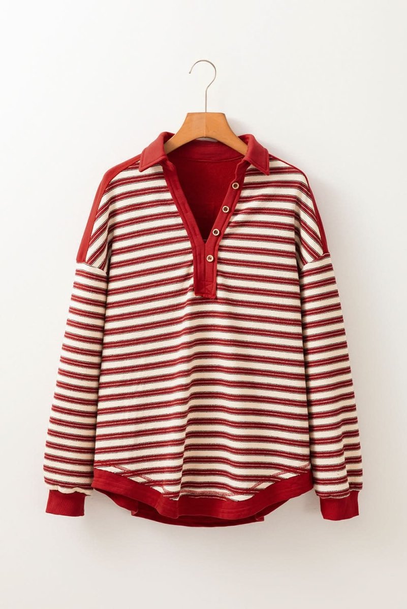 Red Stripe Buttoned V Neck Collared Drop Shoulder Top - Love Salve 