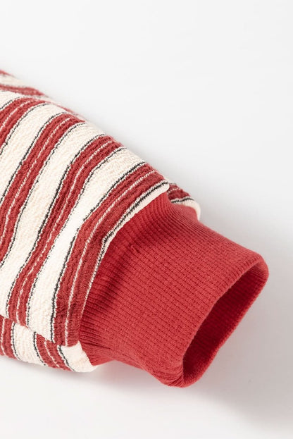 Red Stripe Buttoned V Neck Collared Drop Shoulder Top - Love Salve 