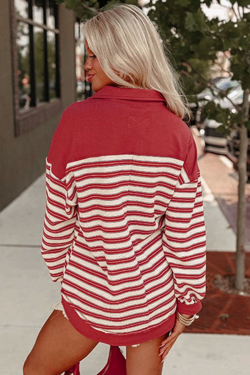 Red Stripe Buttoned V Neck Collared Drop Shoulder Top - Love Salve 