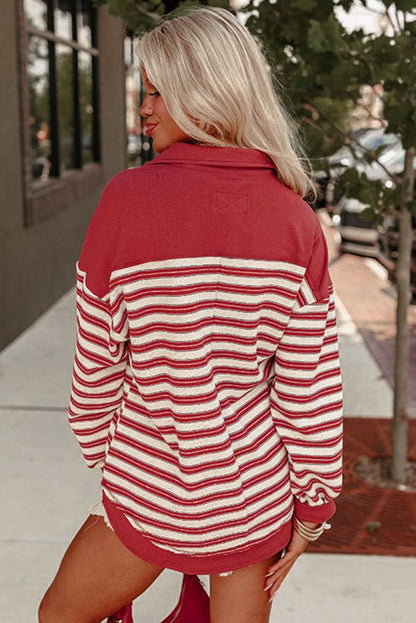 Red Stripe Buttoned V Neck Collared Drop Shoulder Top - Love Salve 