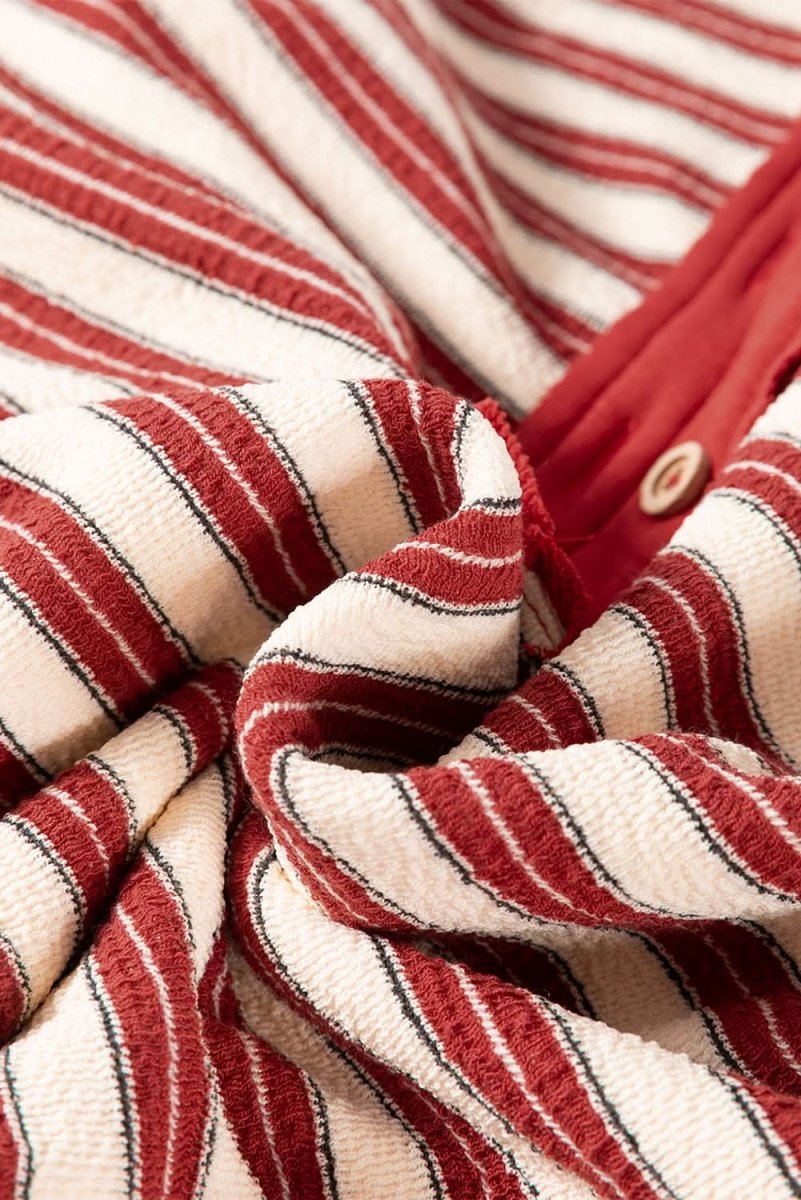 Red Stripe Buttoned V Neck Collared Drop Shoulder Top - Love Salve 