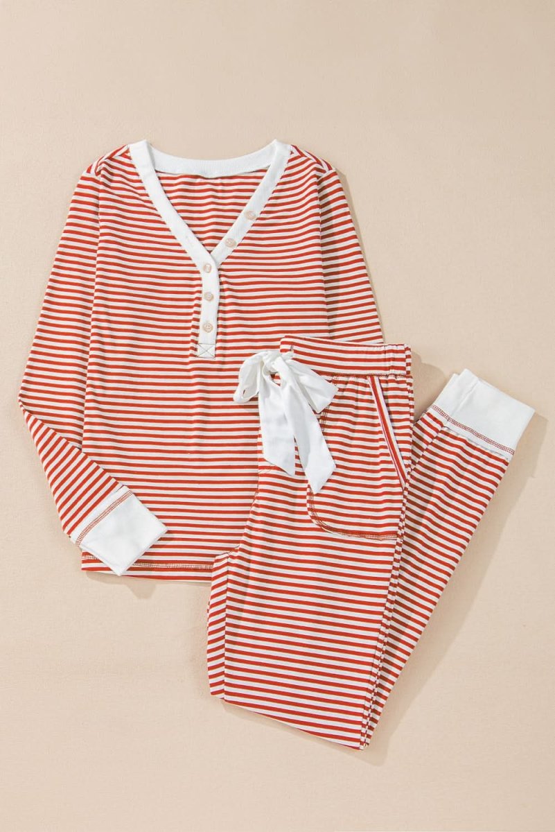 Red Stripe Buttoned V Neck Top and Knotted Waist Pants Lounge Set - Love Salve 