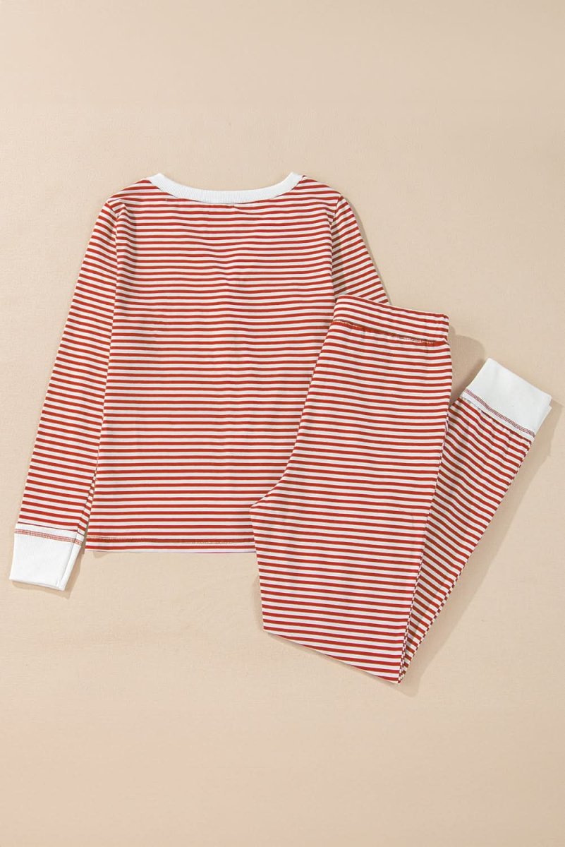 Red Stripe Buttoned V Neck Top and Knotted Waist Pants Lounge Set - Love Salve 
