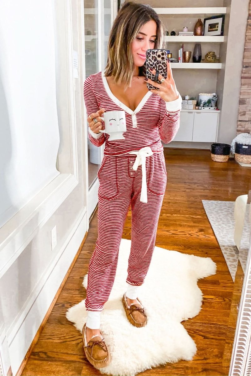 Red Stripe Buttoned V Neck Top and Knotted Waist Pants Lounge Set - Love Salve 