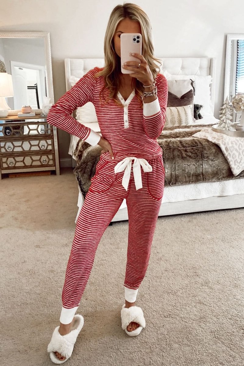 Red Stripe Buttoned V Neck Top and Knotted Waist Pants Lounge Set - Love Salve 