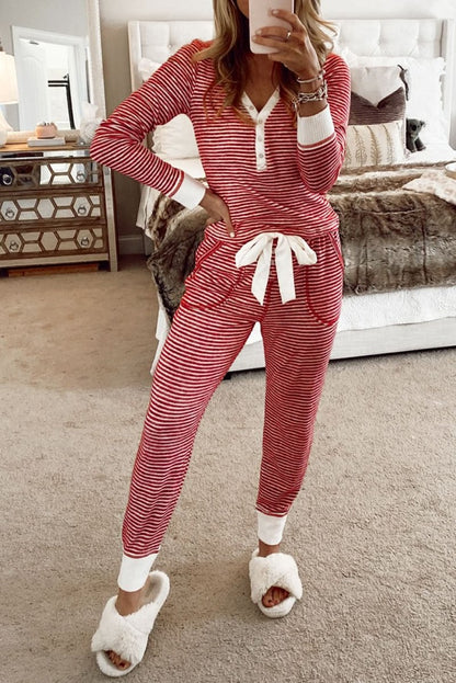 Red Stripe Buttoned V Neck Top and Knotted Waist Pants Lounge Set - Love Salve 