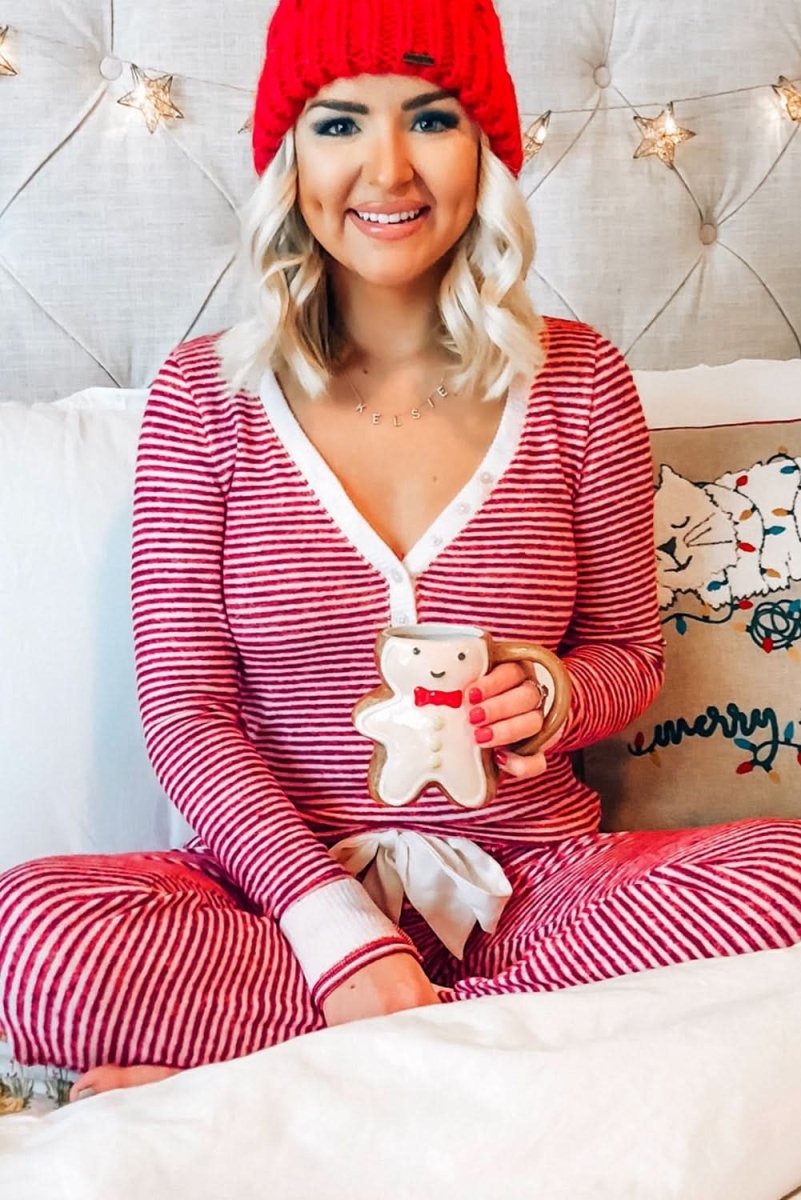 Red Stripe Buttoned V Neck Top and Knotted Waist Pants Lounge Set - Love Salve 