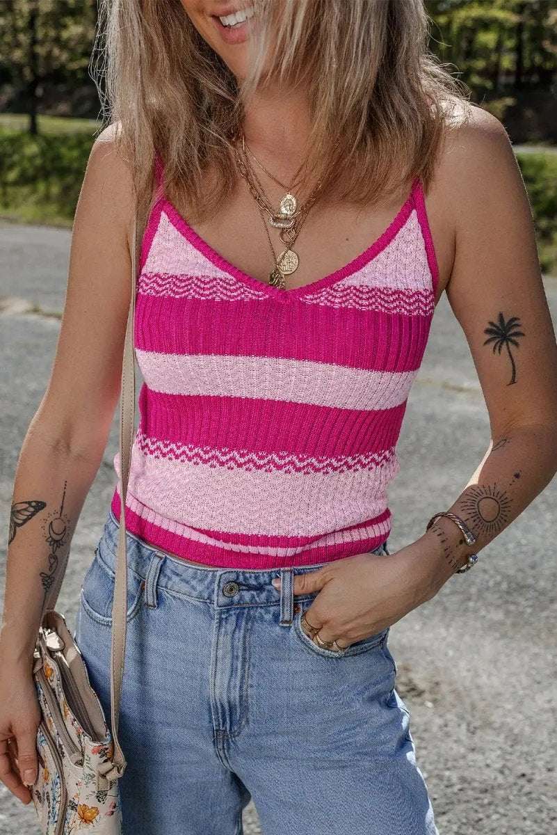 Red Stripe Spaghetti Strap V Neck Sweater Vest for Women - Love Salve 