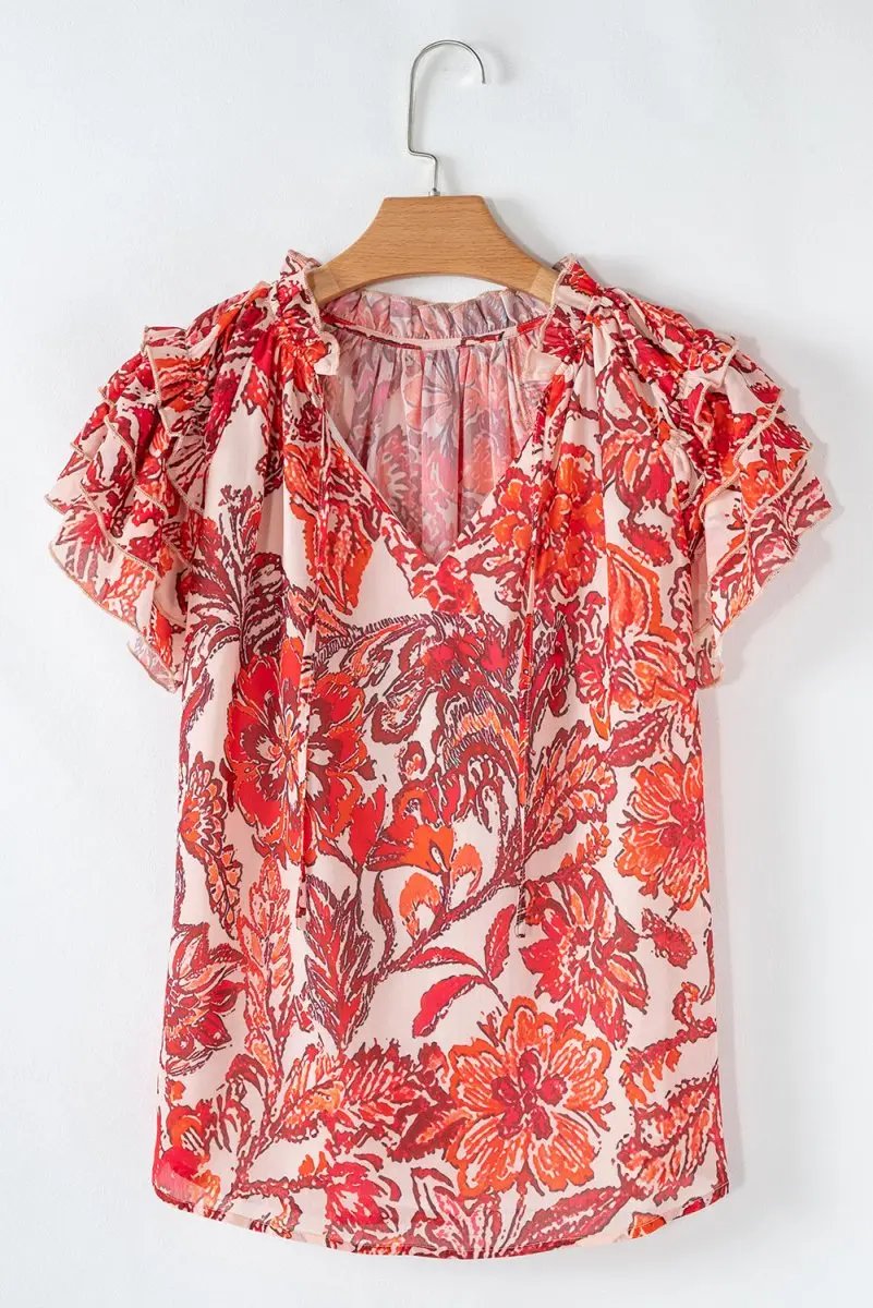 Red Vintage Floral Ruffle Sleeve V Neck Blouse for Women - Love Salve 