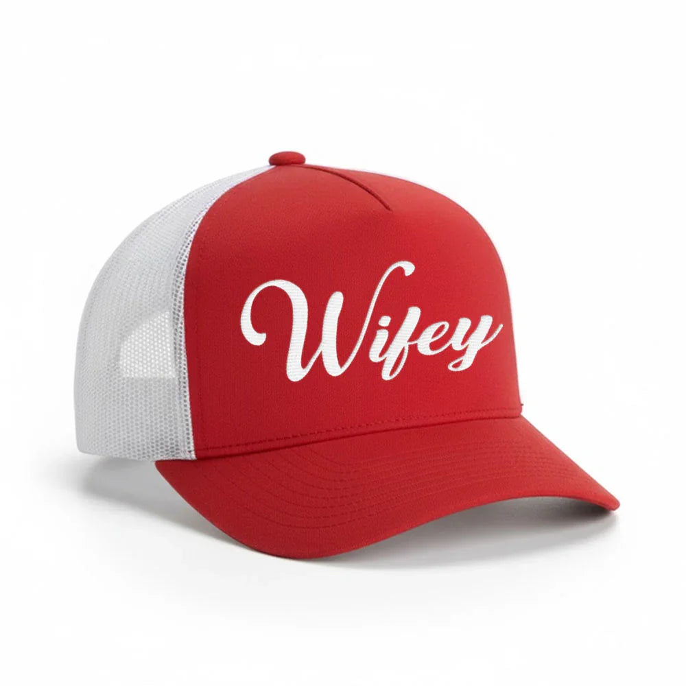 Adorb.co Embroidered Wifey Trucker Hat in white with elegant black script, a classic mesh cap for a bride-to-be.
