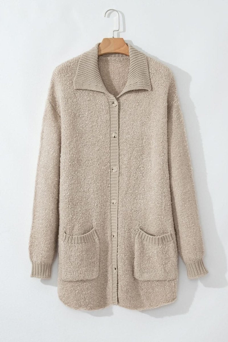 Relaxed Fit Jet Stream Collared Cardigan with Button - Up Front and Pockets - Love Salve