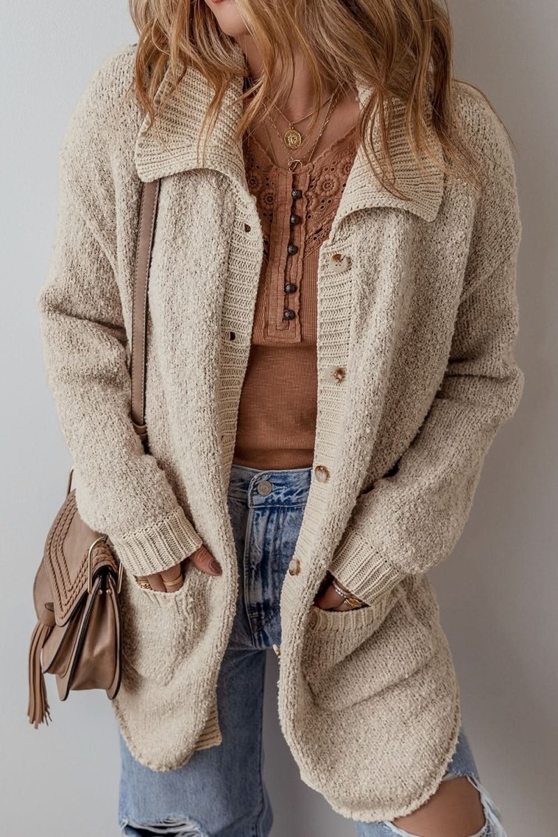Relaxed Fit Jet Stream Collared Cardigan with Button - Up Front and Pockets - Love Salve