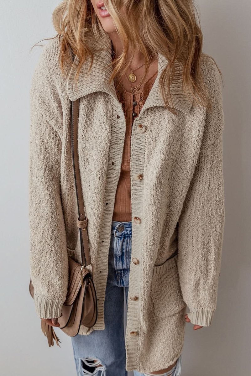 Relaxed Fit Jet Stream Collared Cardigan with Button - Up Front and Pockets - Love Salve