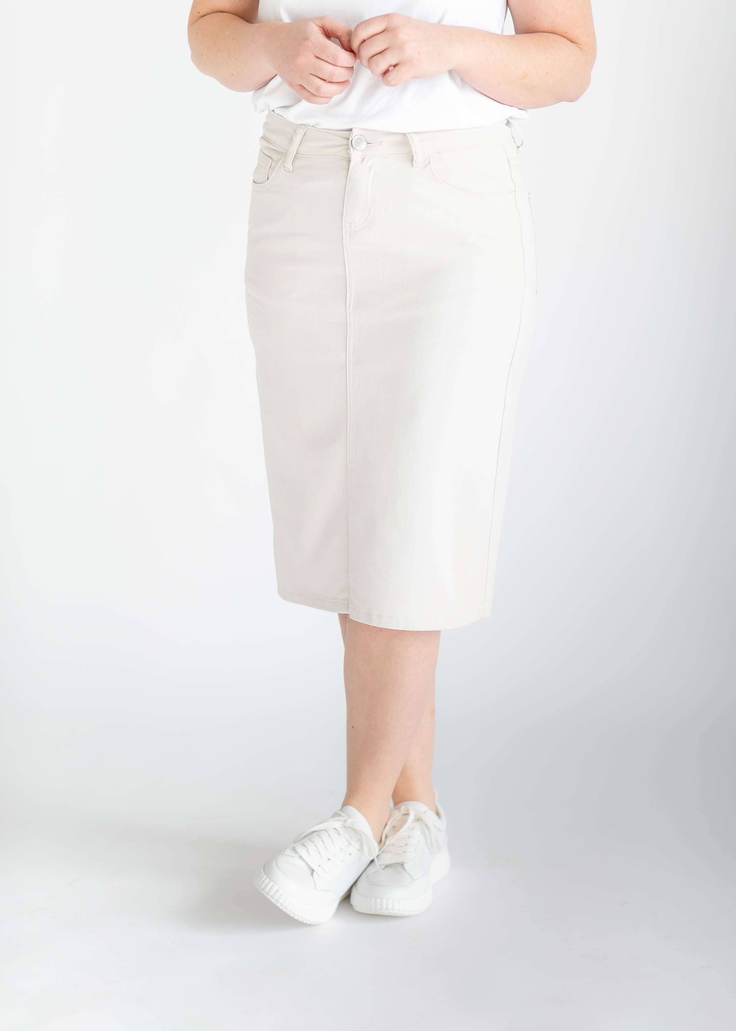 Inherit Co. Remi Cloud Denim Midi Skirt, cloud denim, highlighting its comfortable everyday A-line fit.