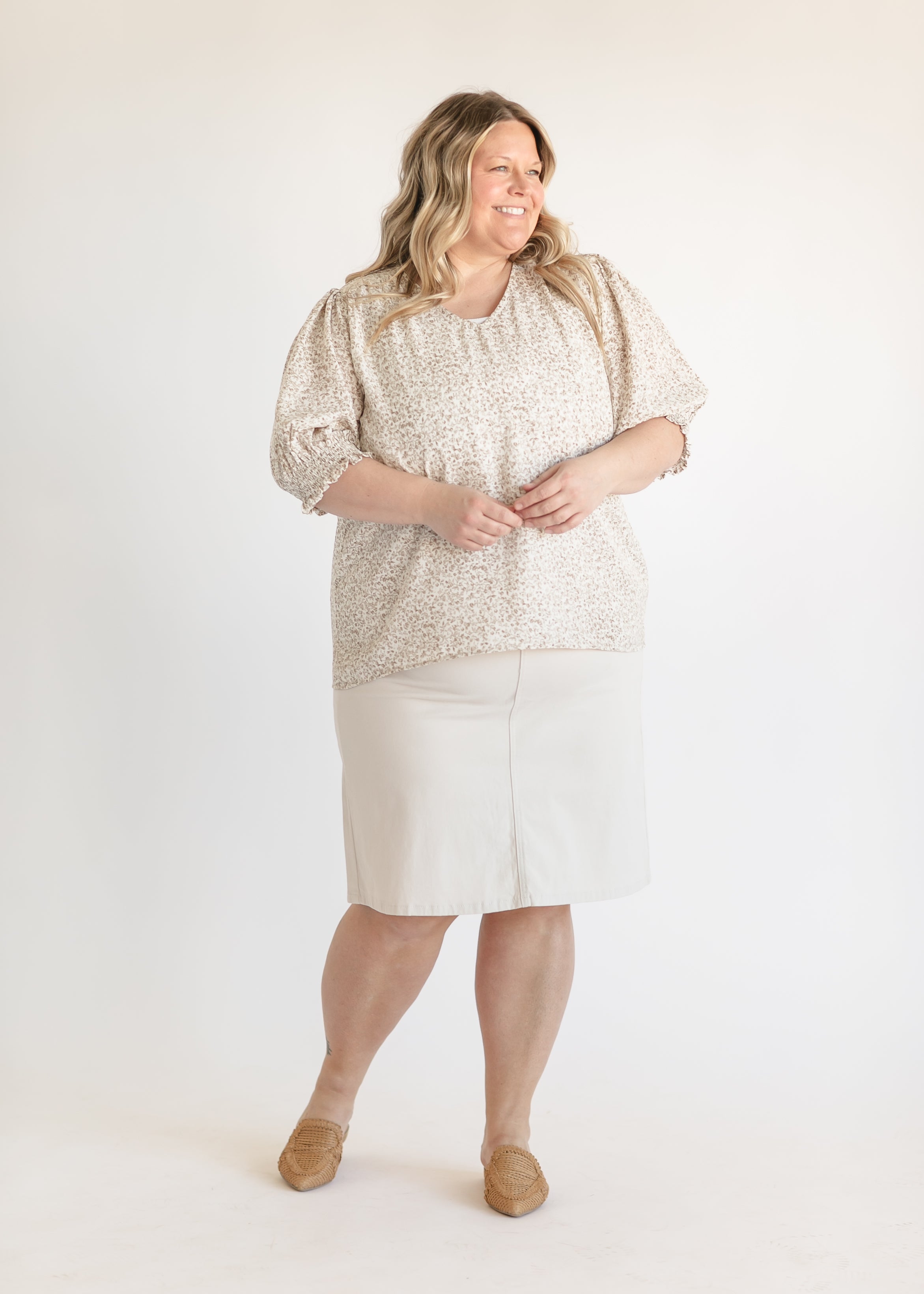 Inherit Co. Remi Cloud Denim Midi Skirt, close-up of casual pockets and comfortable denim waistband.