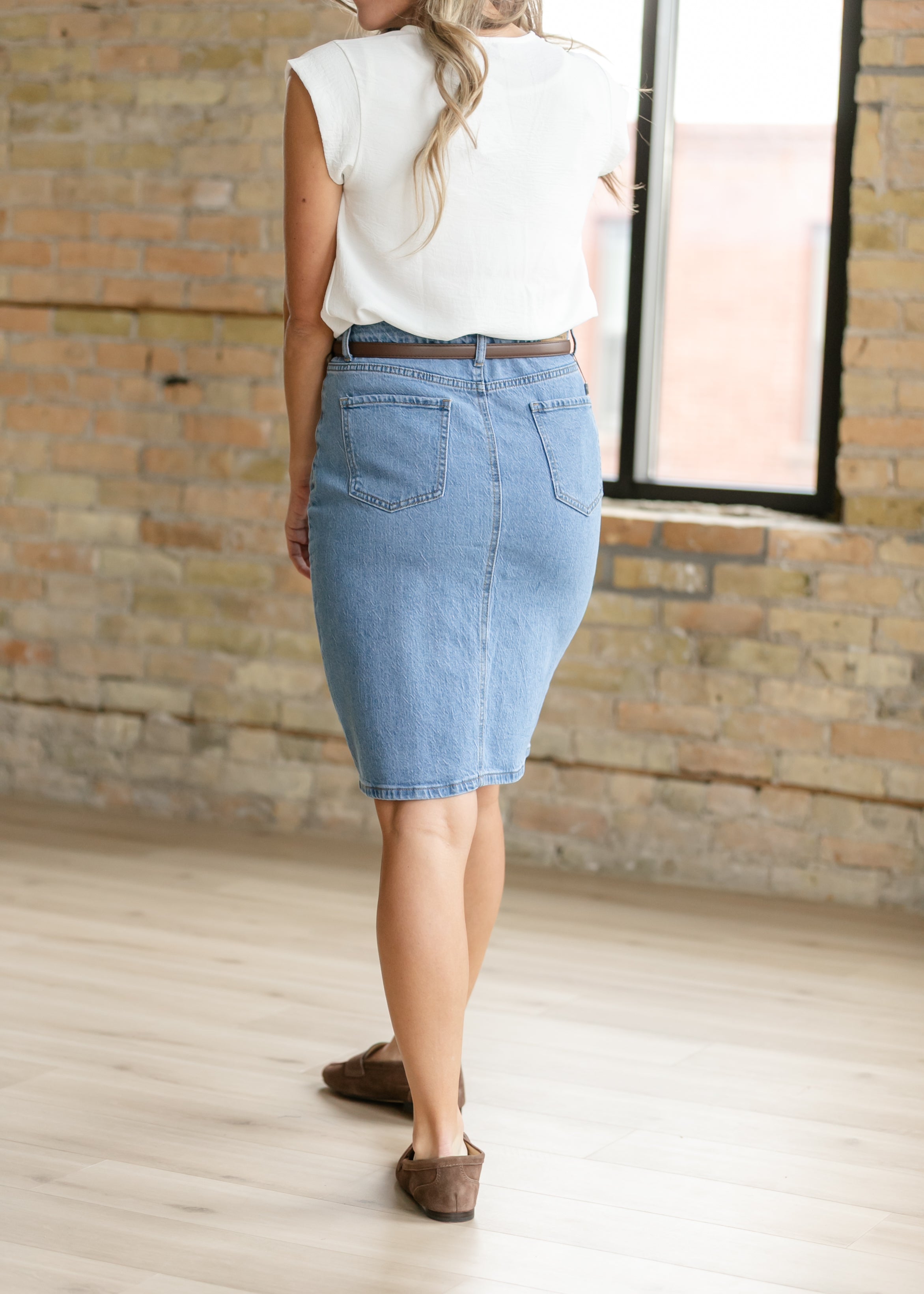 Inherit Co. Remi Denim Classic Wash Midi Skirt - Back View