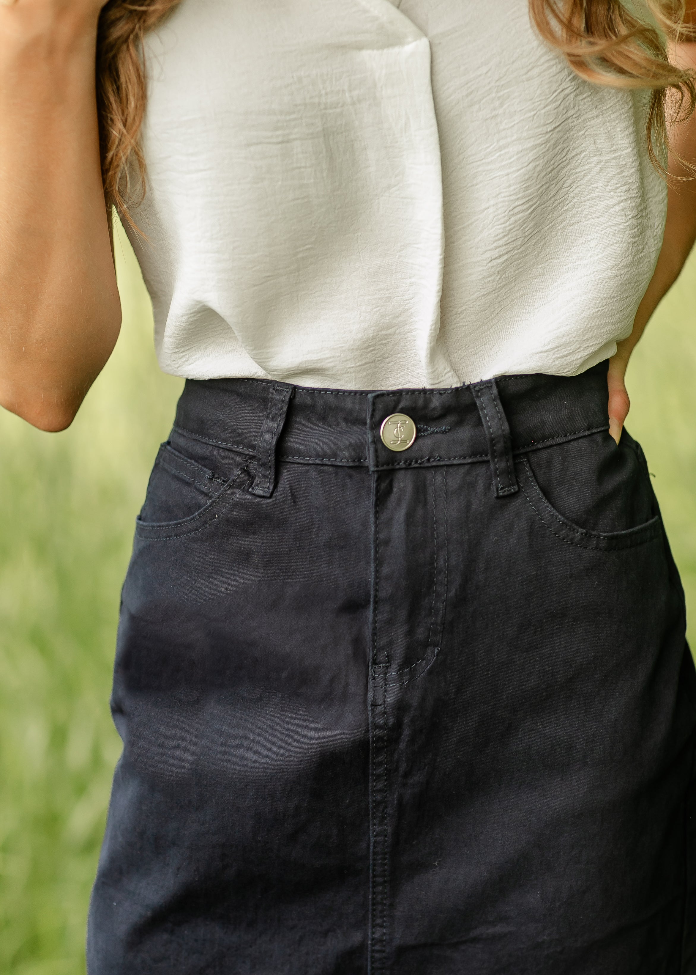 Remi Navy Denim Midi Skirt Inherit Co.