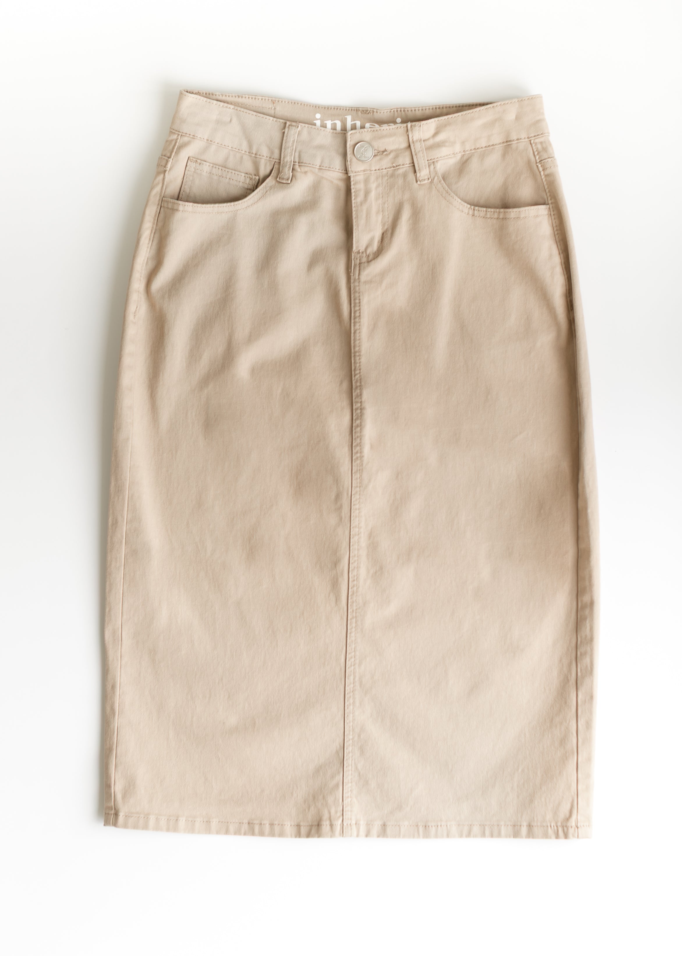 Remi Simply Taupe Denim Midi Skirt Inherit Co.
