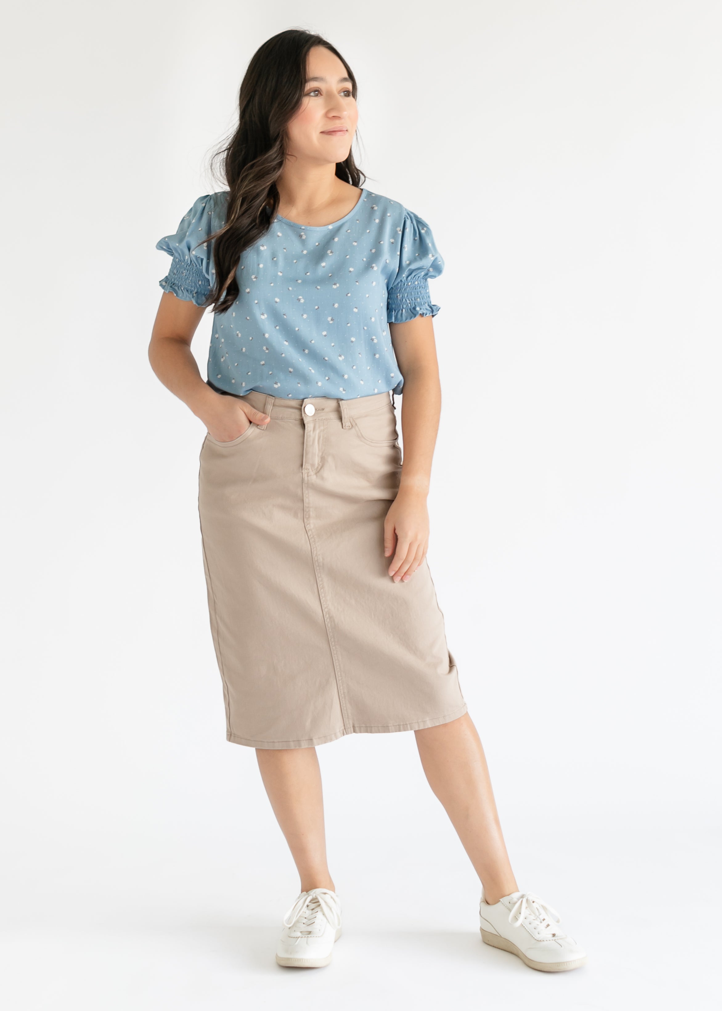 Remi Simply Taupe Denim Midi Skirt Inherit Co.