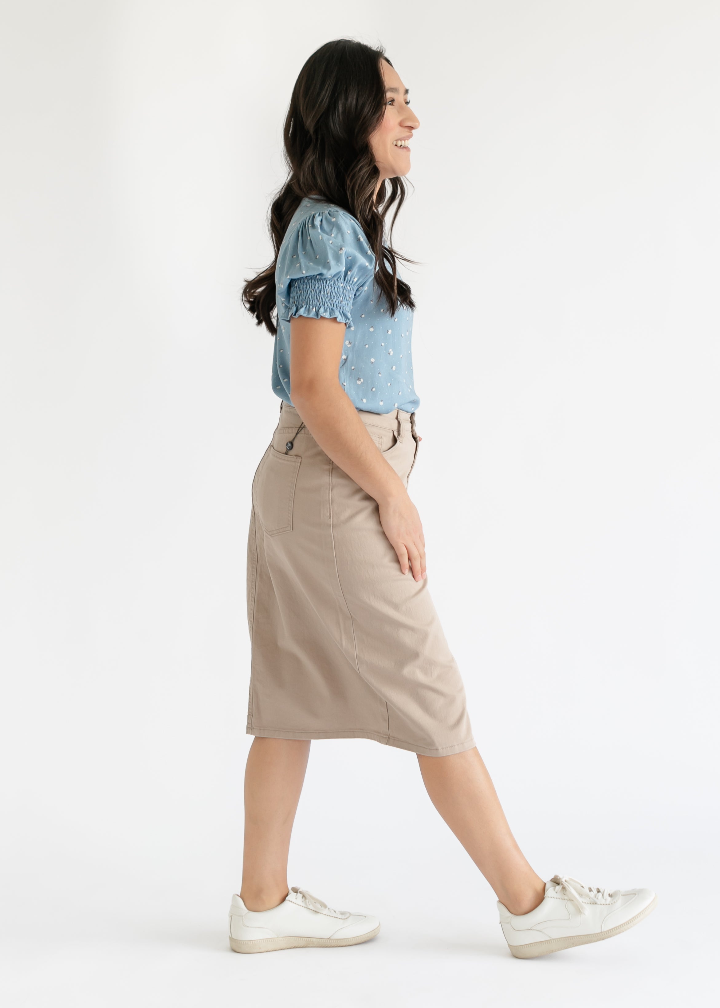 Remi Simply Taupe Denim Midi Skirt Inherit Co.