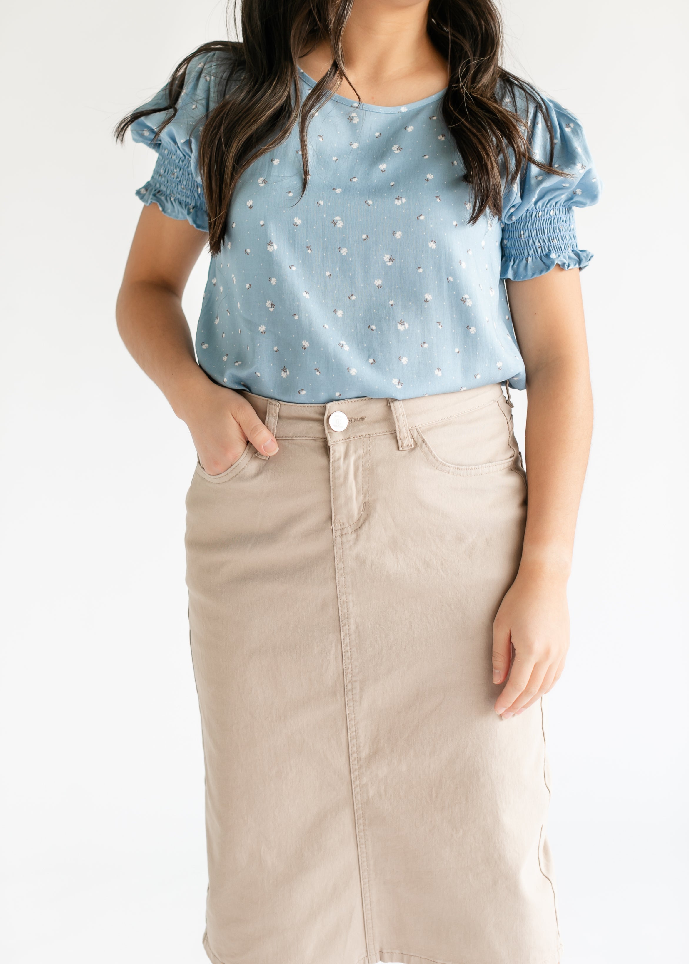 Remi Simply Taupe Denim Midi Skirt Inherit Co.
