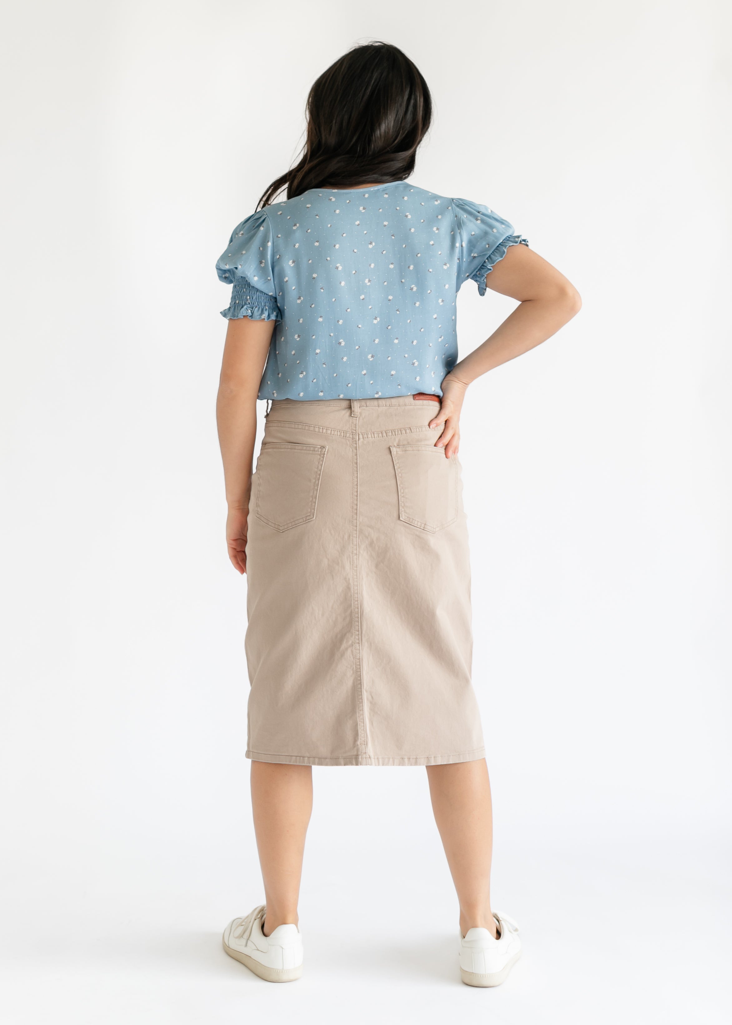 Remi Simply Taupe Denim Midi Skirt Inherit Co.