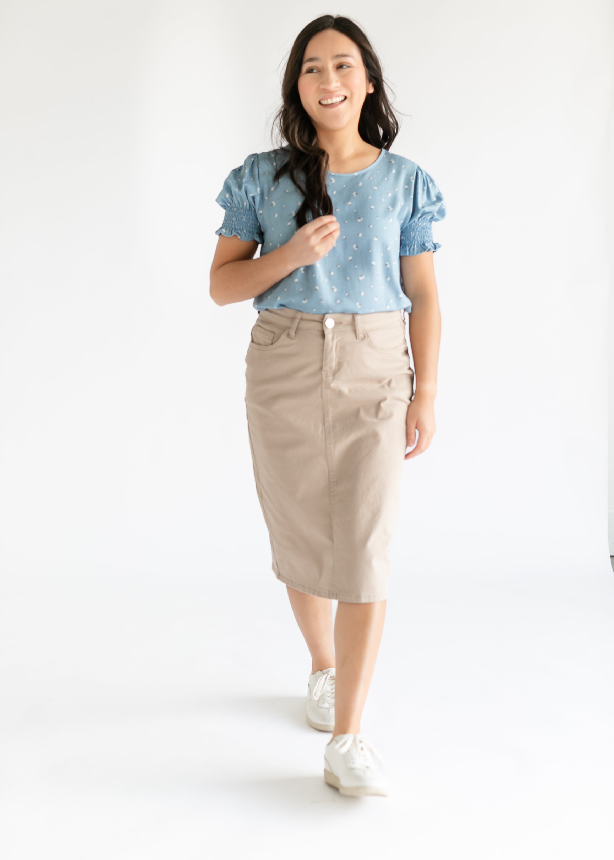 Remi Simply Taupe Denim Midi Skirt Inherit Co.