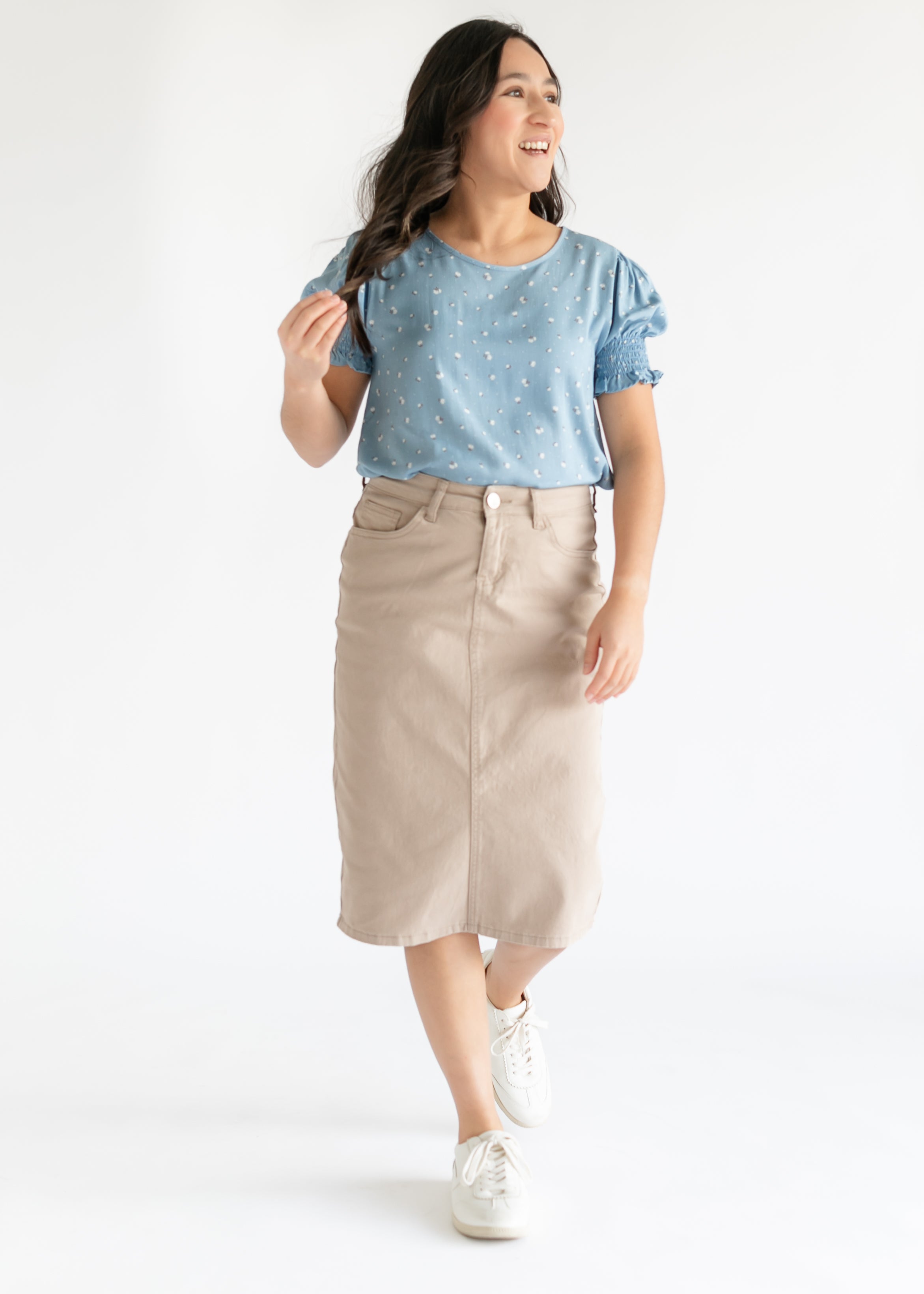Remi Simply Taupe Denim Midi Skirt Inherit Co.