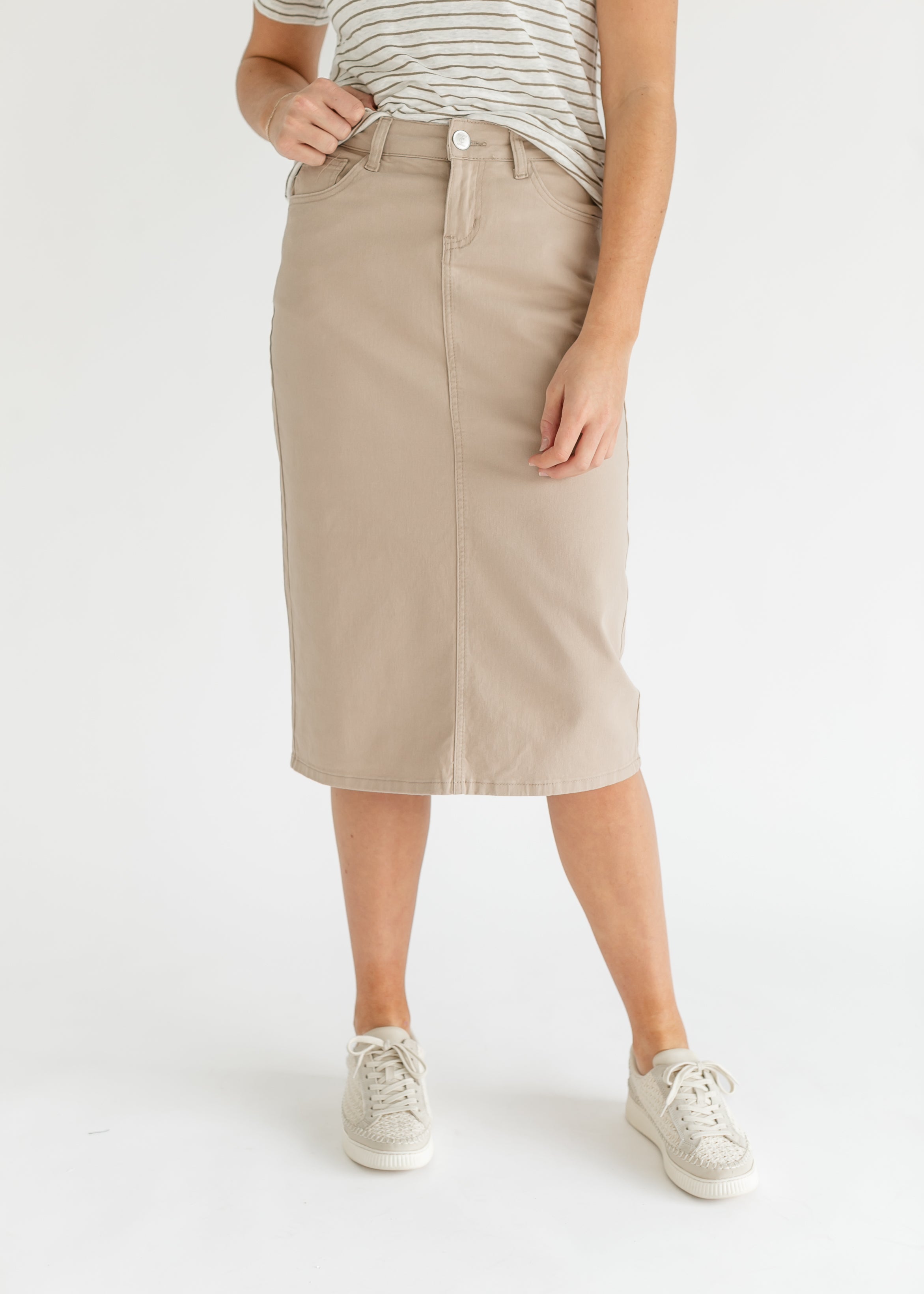 Inherit Co. brand label sewn inside the Remi Simply Taupe Denim Midi Skirt, ensuring authentic quality and design.