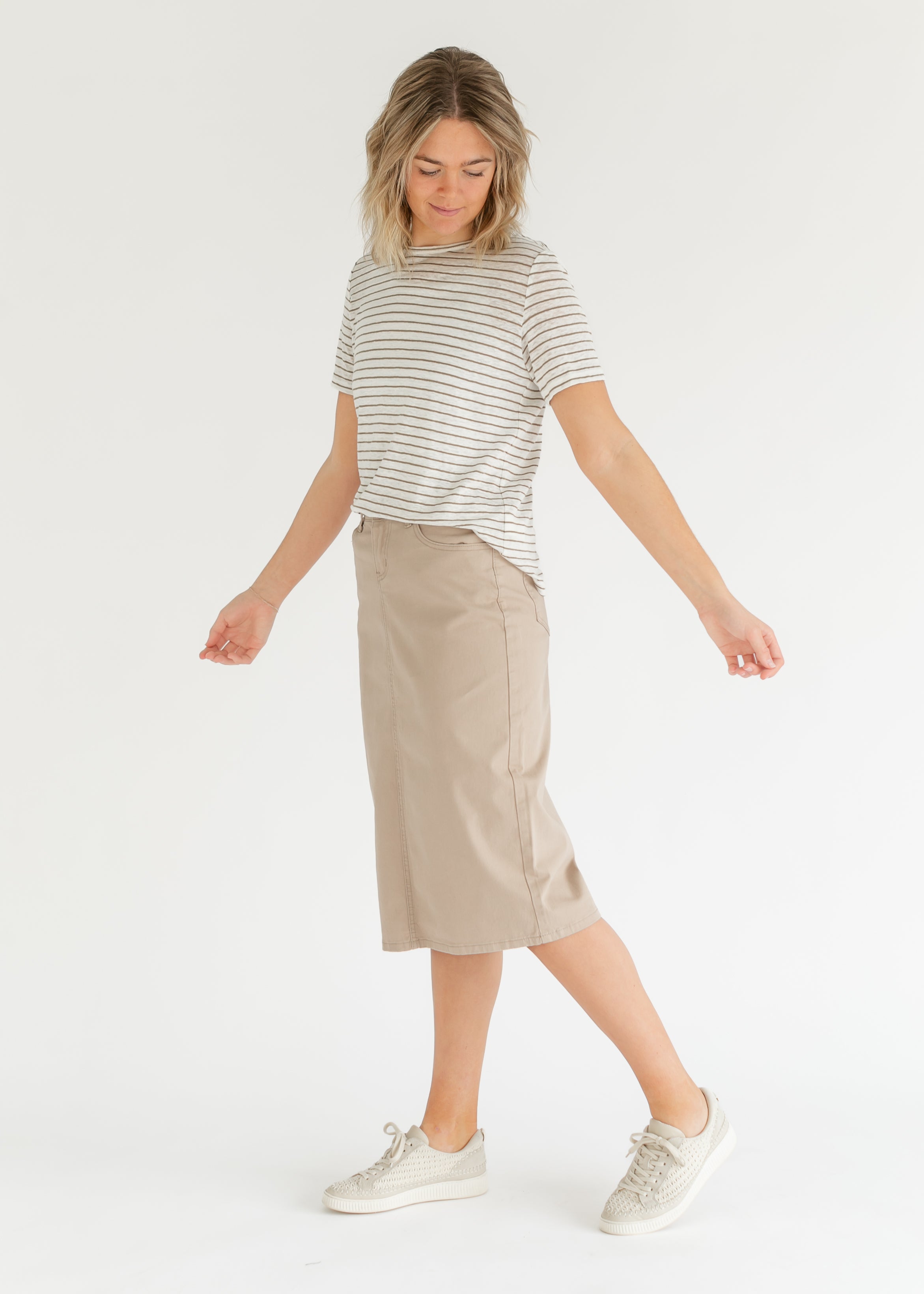 Remi Simply Taupe Denim Midi Skirt Inherit Co.