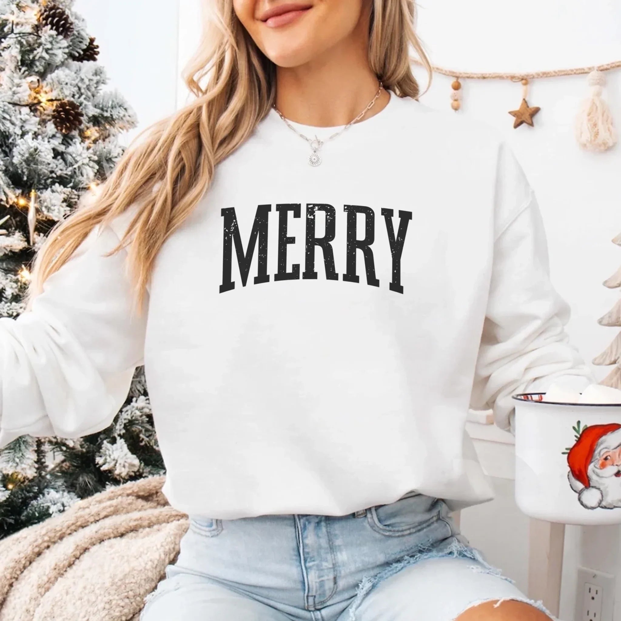 Retro Merry Christmas Sweatshirt Festive Women’s Holiday Sweater Adorb Custom Tees