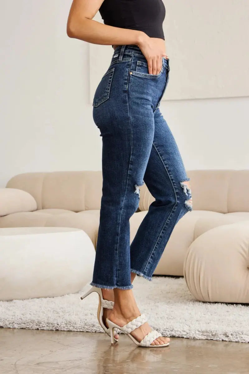RFM Crop Dylan Full Size Tummy Control Distressed Jeans - Love Salve 