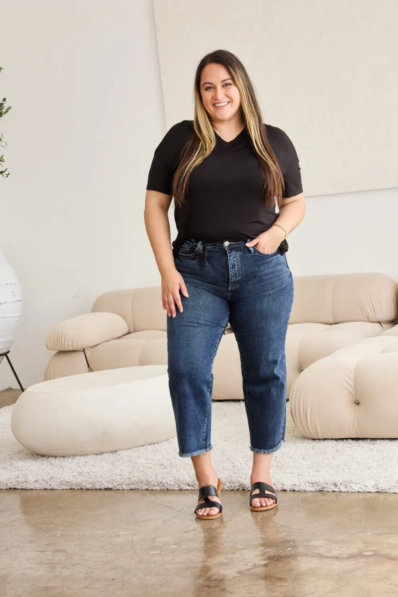 RFM Full Size Tummy Control High Waist Raw Hem Jeans - Love Salve