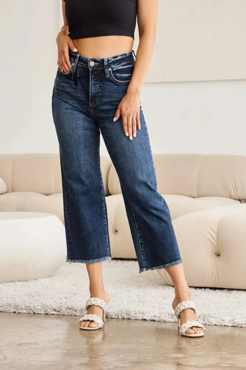 RFM Full Size Tummy Control High Waist Raw Hem Jeans - Love Salve 