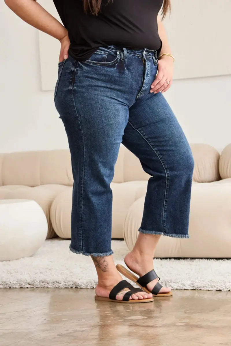 RFM Full Size Tummy Control High Waist Raw Hem Jeans - Love Salve 