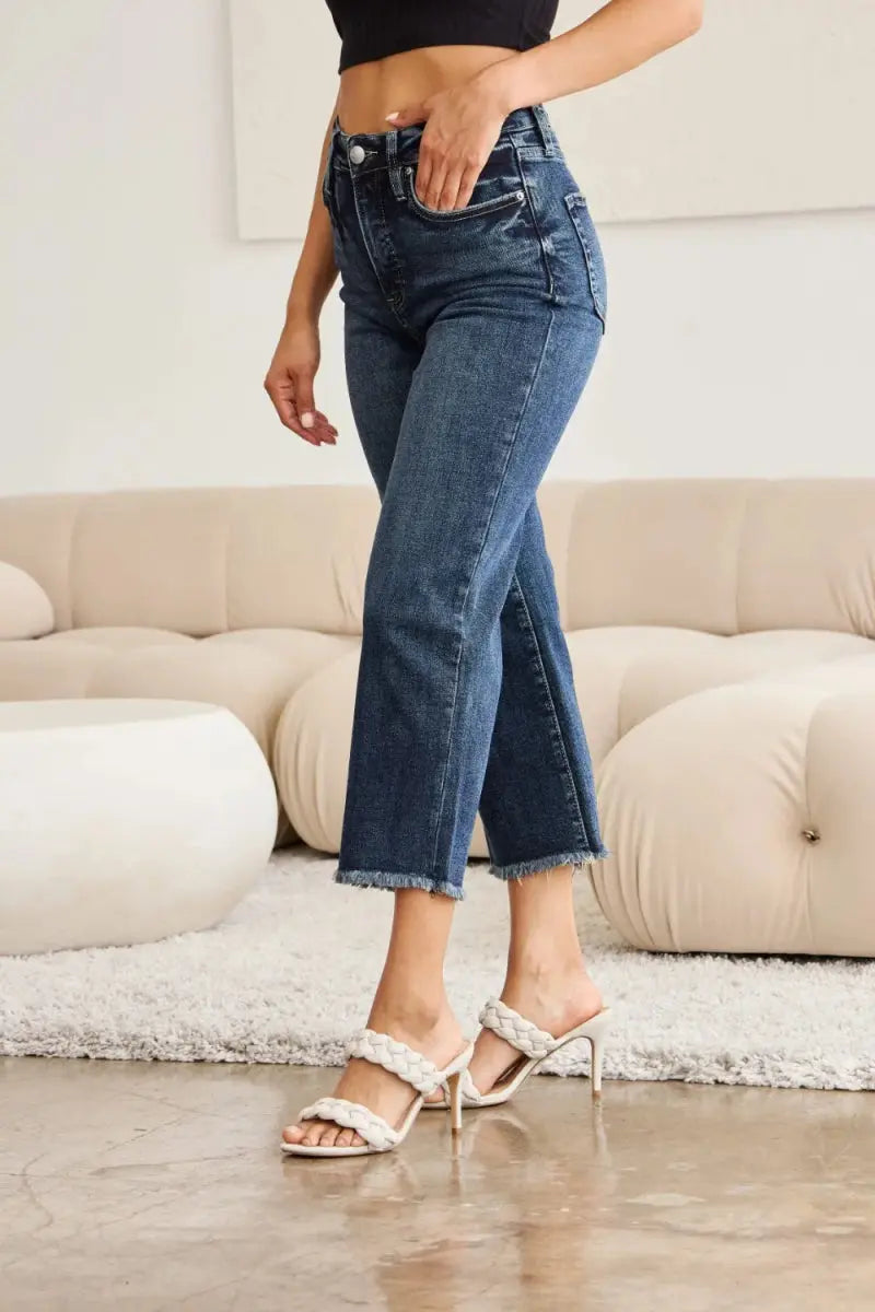 RFM Full Size Tummy Control High Waist Raw Hem Jeans - Love Salve 