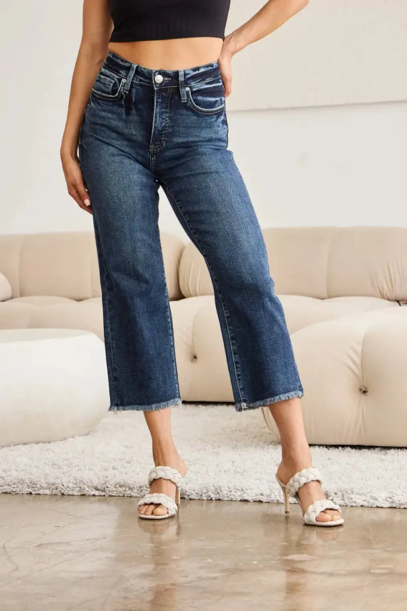 RFM Full Size Tummy Control High Waist Raw Hem Jeans - Love Salve 