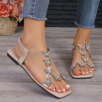 Rhinestone Butterfly Flat Sandals - Love Salve