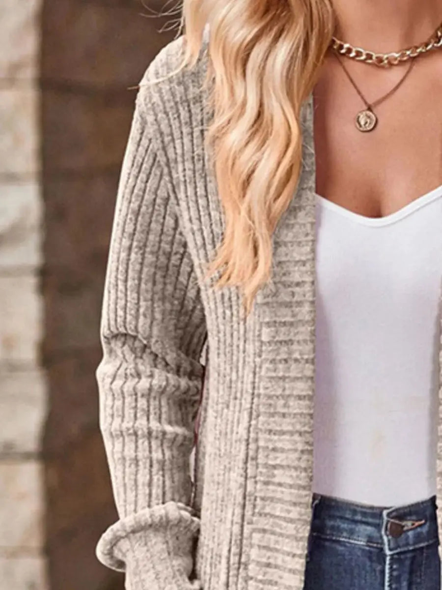 Ribbed Knit Open Front Cardigan with Pockets - Love Salve