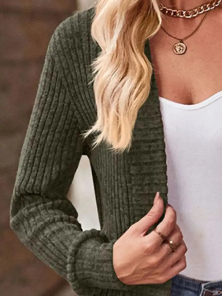 Ribbed Knit Open Front Cardigan with Pockets - Love Salve