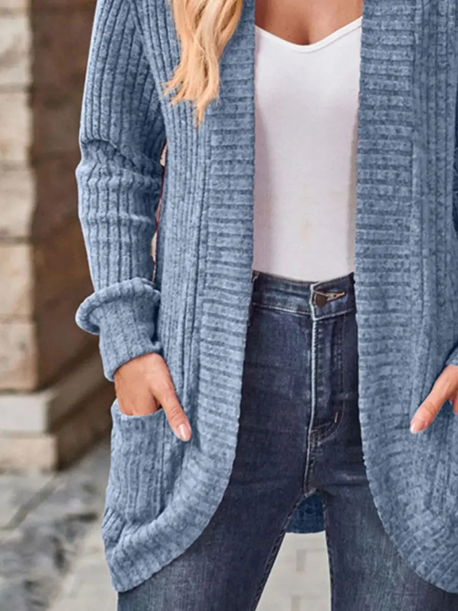 Ribbed Knit Open Front Cardigan with Pockets - Love Salve