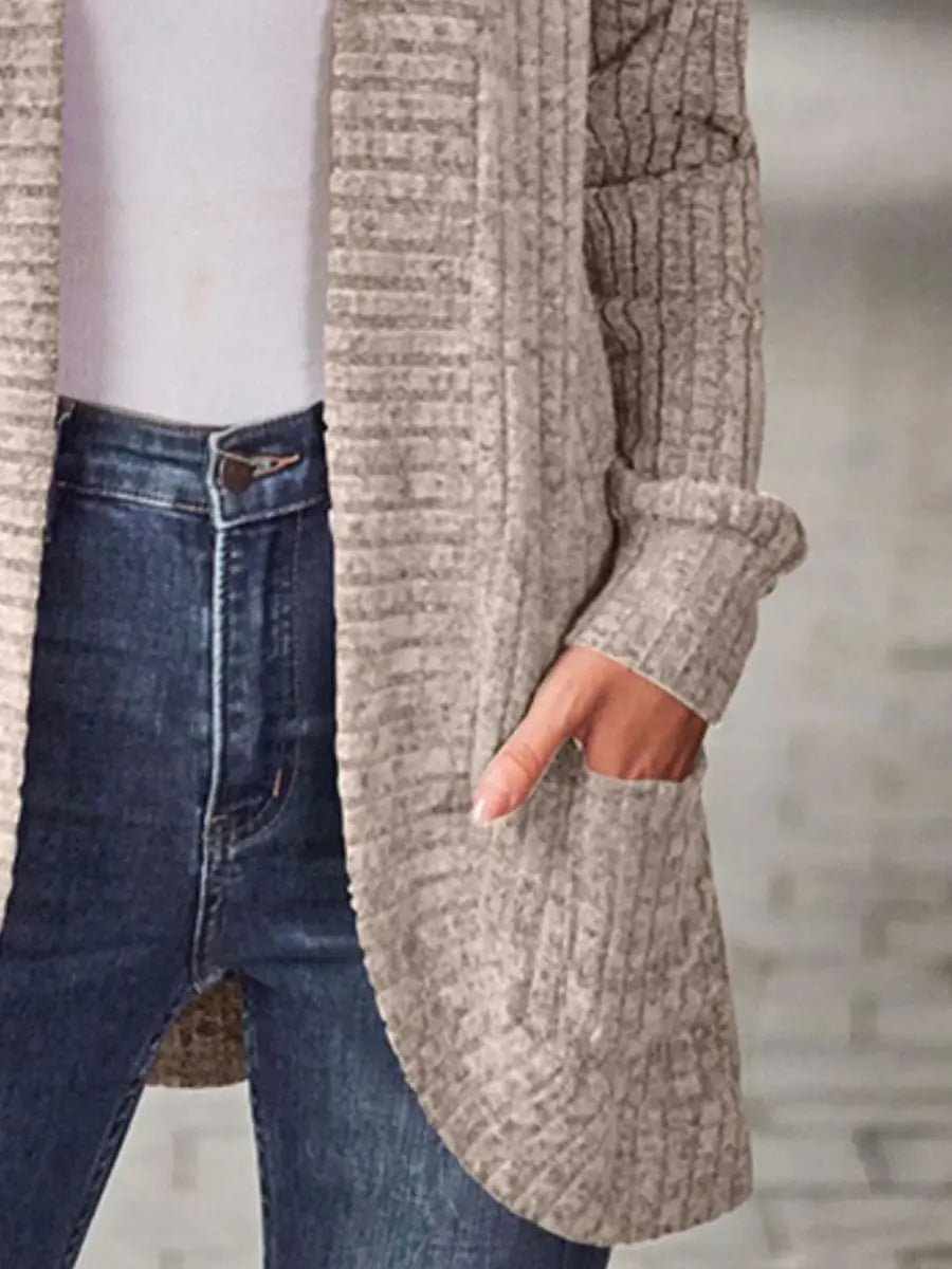 Ribbed Knit Open Front Cardigan with Pockets - Love Salve