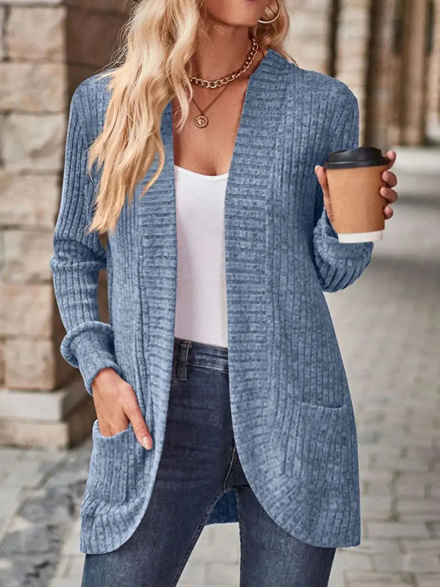 Ribbed Knit Open Front Cardigan with Pockets - Love Salve