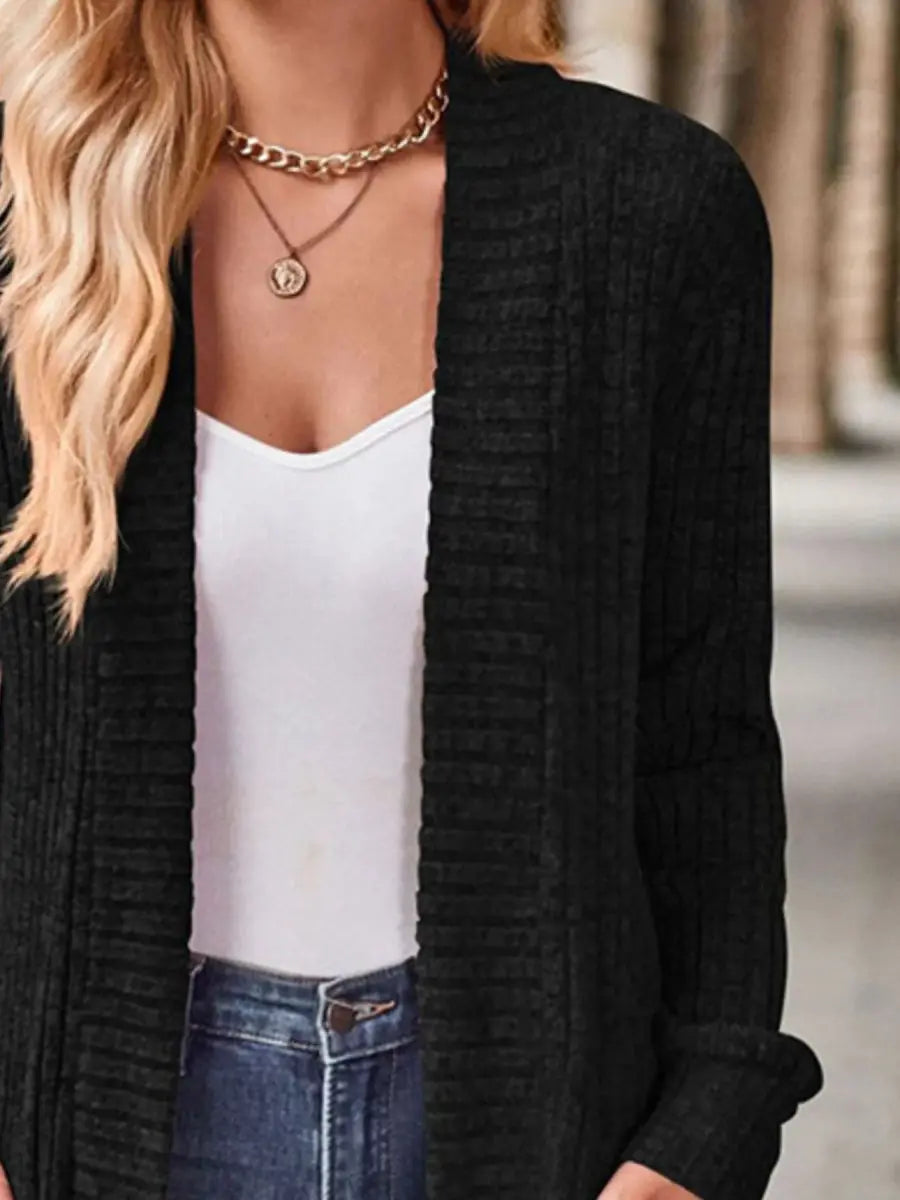 Ribbed Knit Open Front Cardigan with Pockets - Love Salve