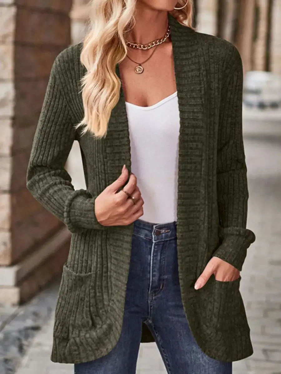 Ribbed Knit Open Front Cardigan with Pockets - Love Salve