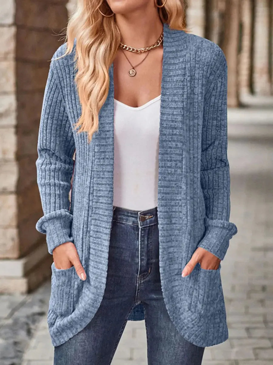 Ribbed Knit Open Front Cardigan with Pockets - Love Salve