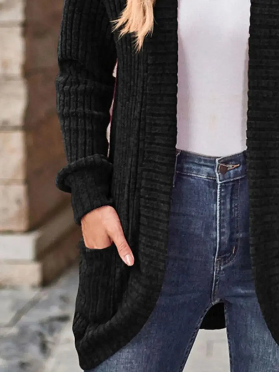 Ribbed Knit Open Front Cardigan with Pockets - Love Salve