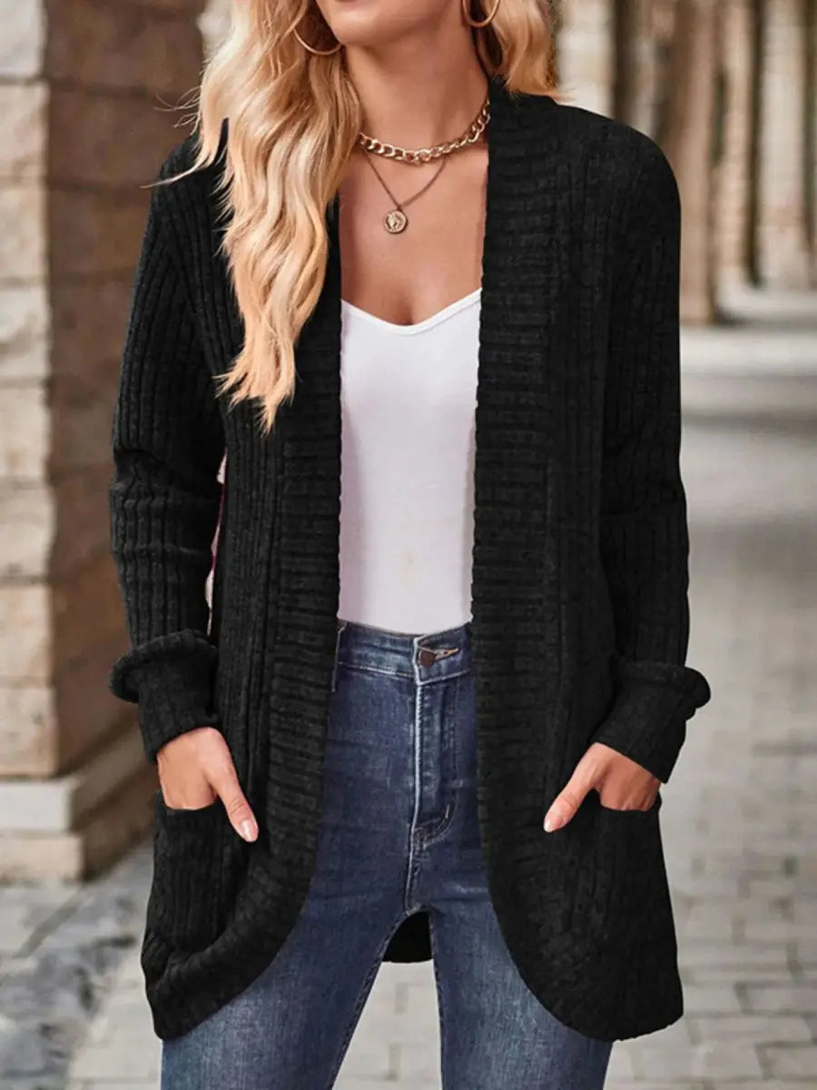 Ribbed Knit Open Front Cardigan with Pockets - Love Salve