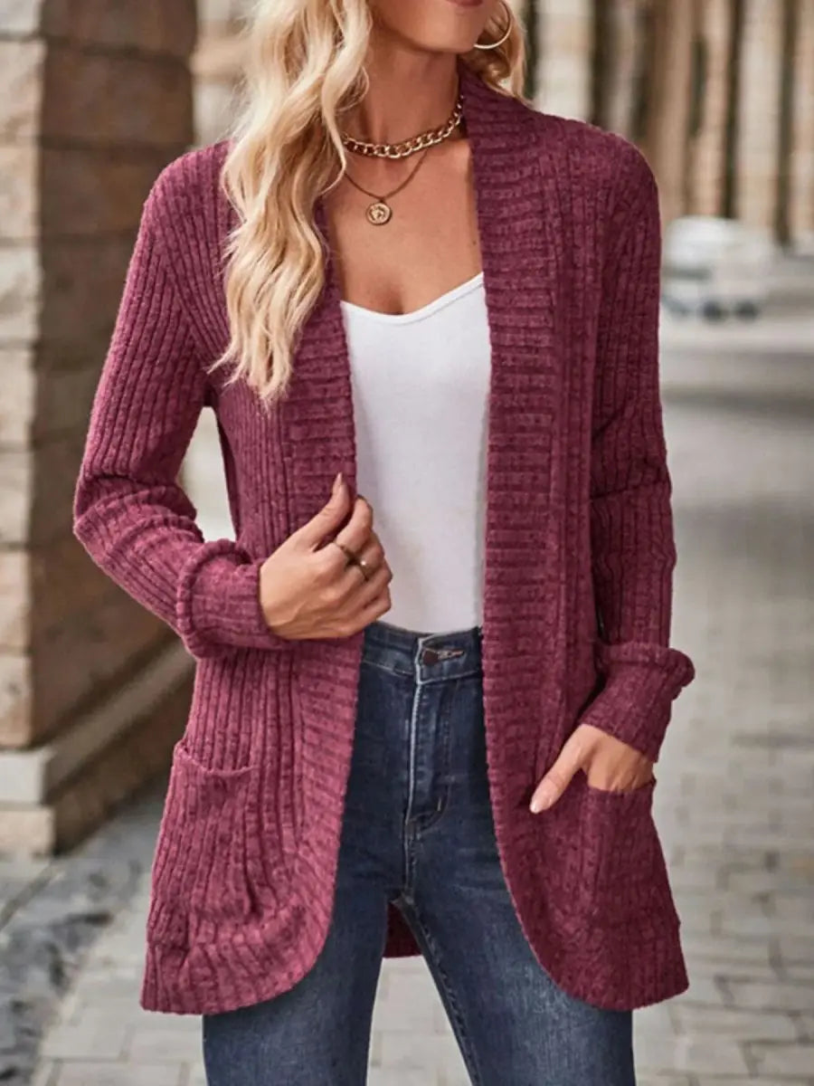 Ribbed Knit Open Front Cardigan with Pockets - Love Salve