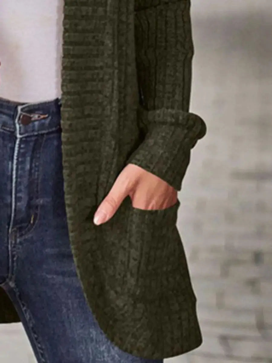 Ribbed Knit Open Front Cardigan with Pockets - Love Salve